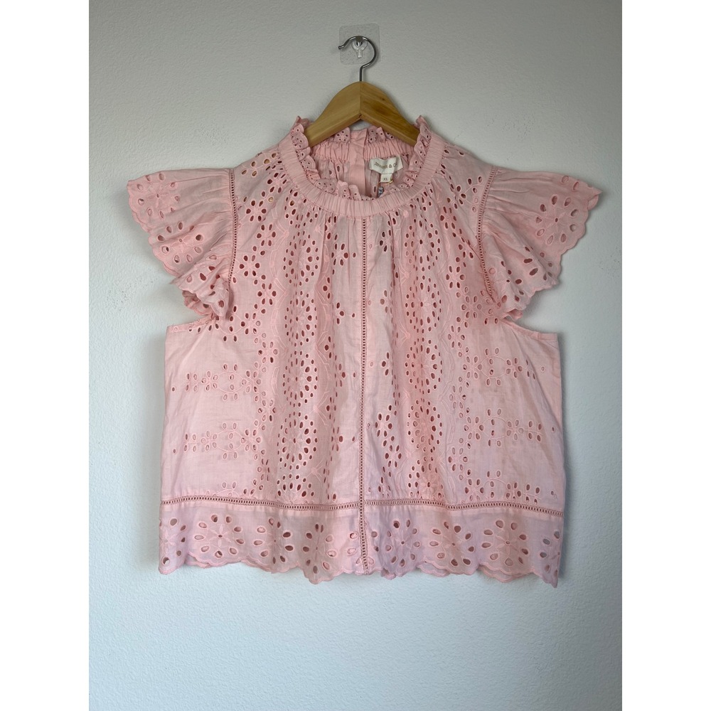NWT Jennifer & Grace XL Pink Eyelet Embroidered‎ Cotton Boho Prairie Flutter Top